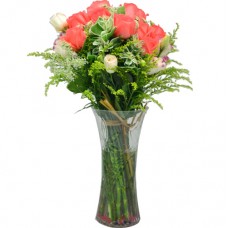 One Dozen Pink Color Roses with Fillers in Vase